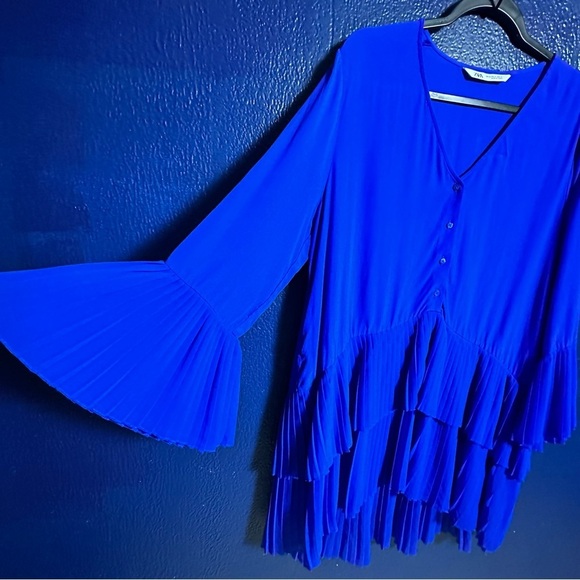 Zara Mini Dress Women Royal Blue Accordion 3/4 Bell Sleeve Tier Pleated Hem - Picture 4 of 9